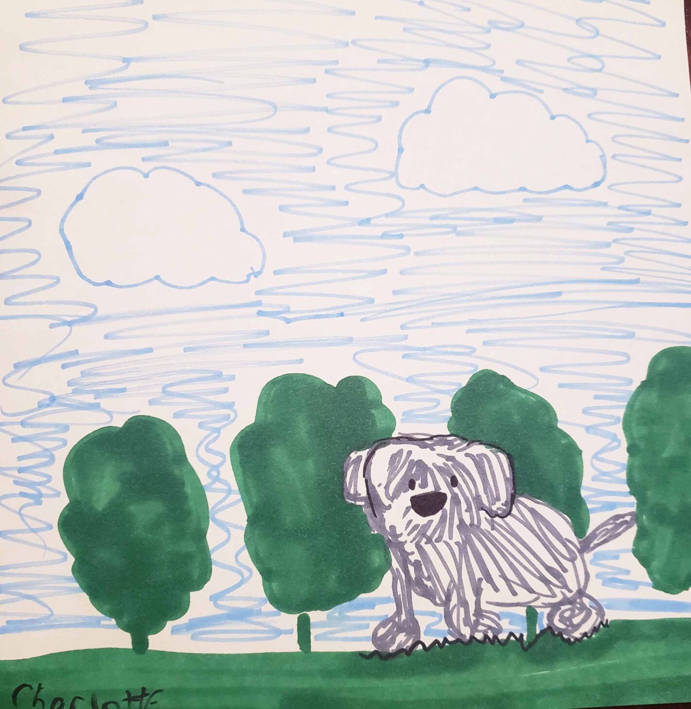 Dog with Trees and Clouds drawn by Charlotte Hirth, 9, of Union Grove